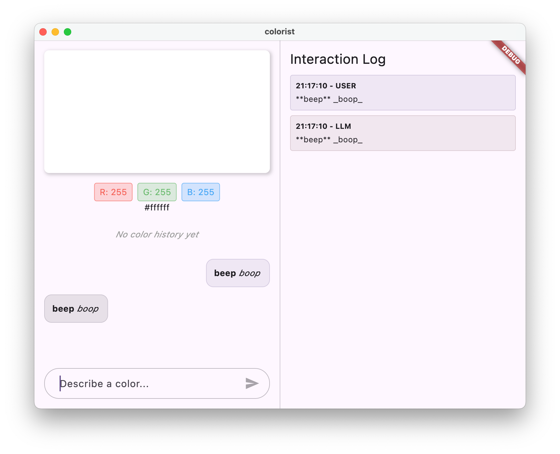 Screenshot dell&#39;app Colorist che mostra il rendering del markdown del servizio Echo
