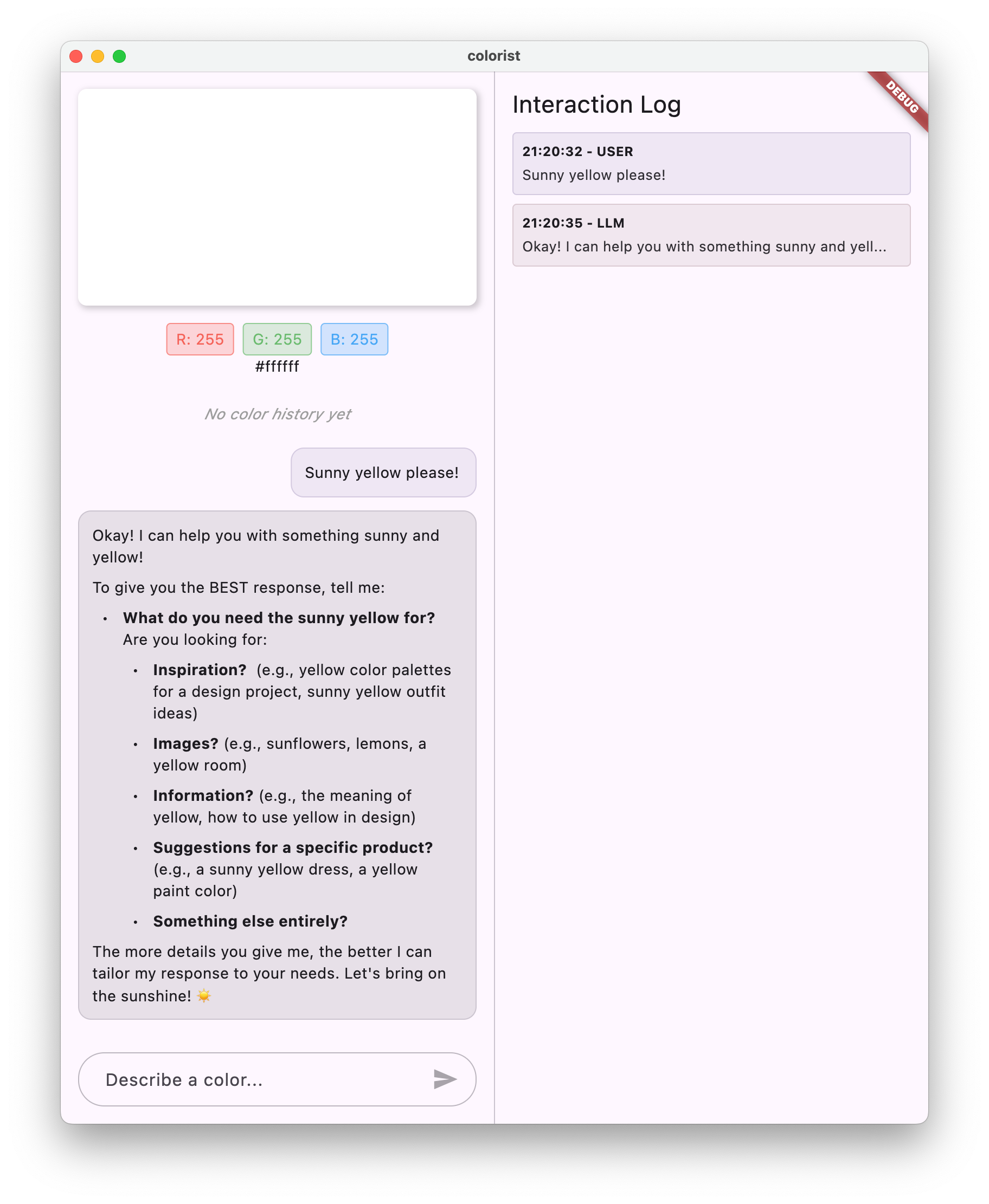 Captura de tela do app Colorist mostrando o LLM do Gemini respondendo a uma solicitação de uma cor amarela