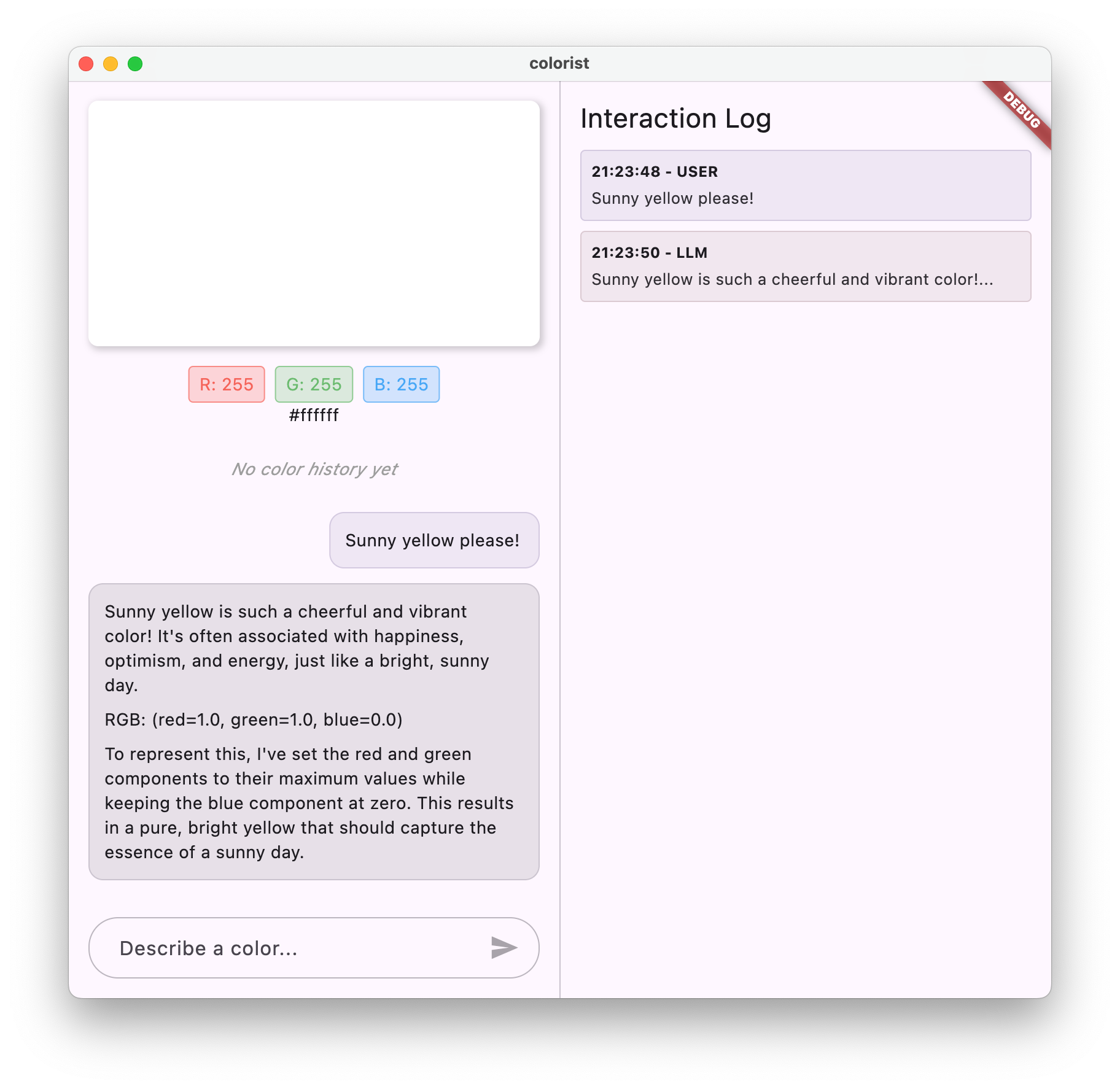 Screenshot dell&#39;app Colorist che mostra l&#39;LLM di Gemini che risponde con una risposta in carattere per un&#39;app di selezione dei colori
