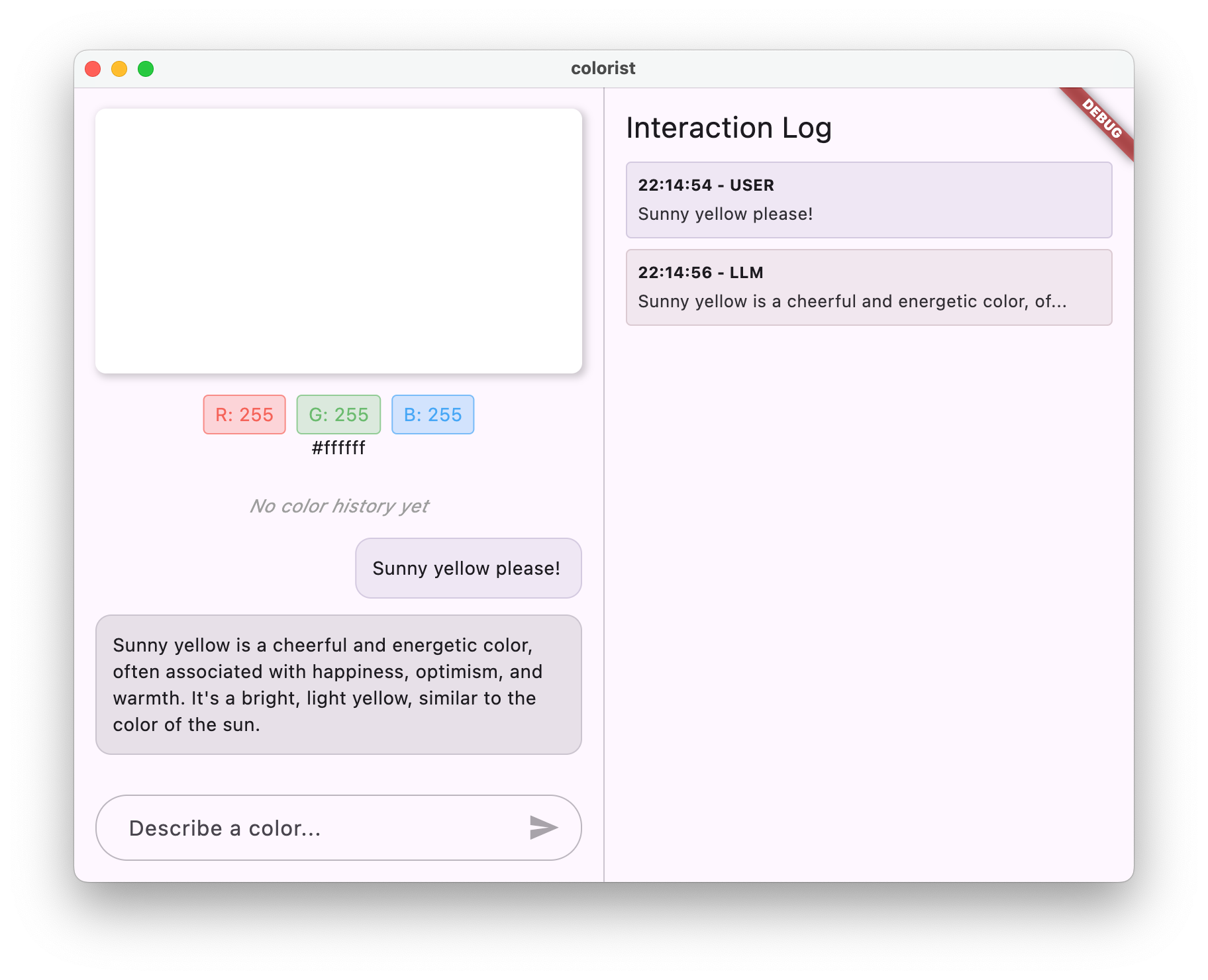 Screenshot dell&#39;app Colorist che mostra l&#39;LLM di Gemini che risponde con una risposta parziale