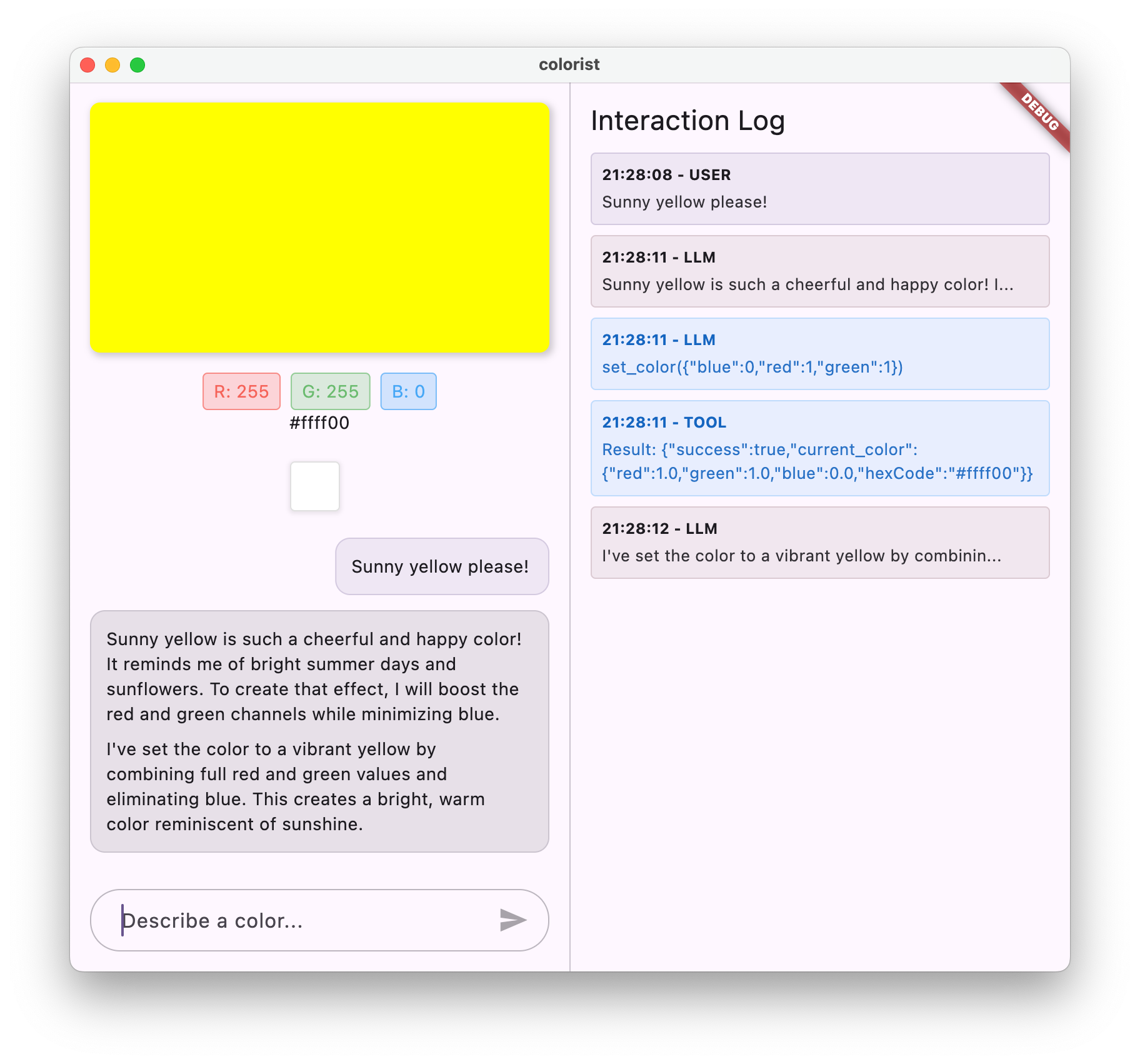 Screenshot dell&#39;app Colorist che mostra l&#39;LLM di Gemini che risponde con una chiamata di funzione