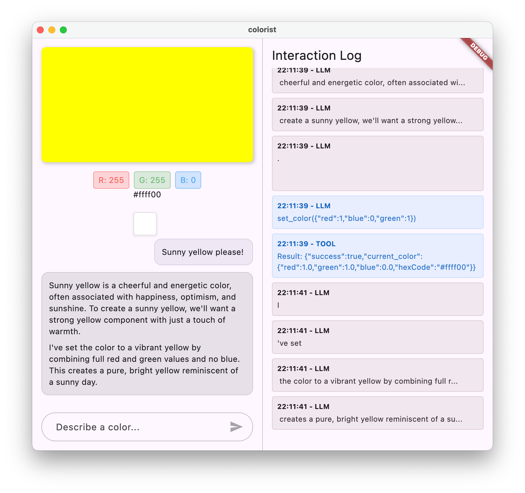 Captura de tela do app Colorist mostrando a exibição de cores e a interface de chat