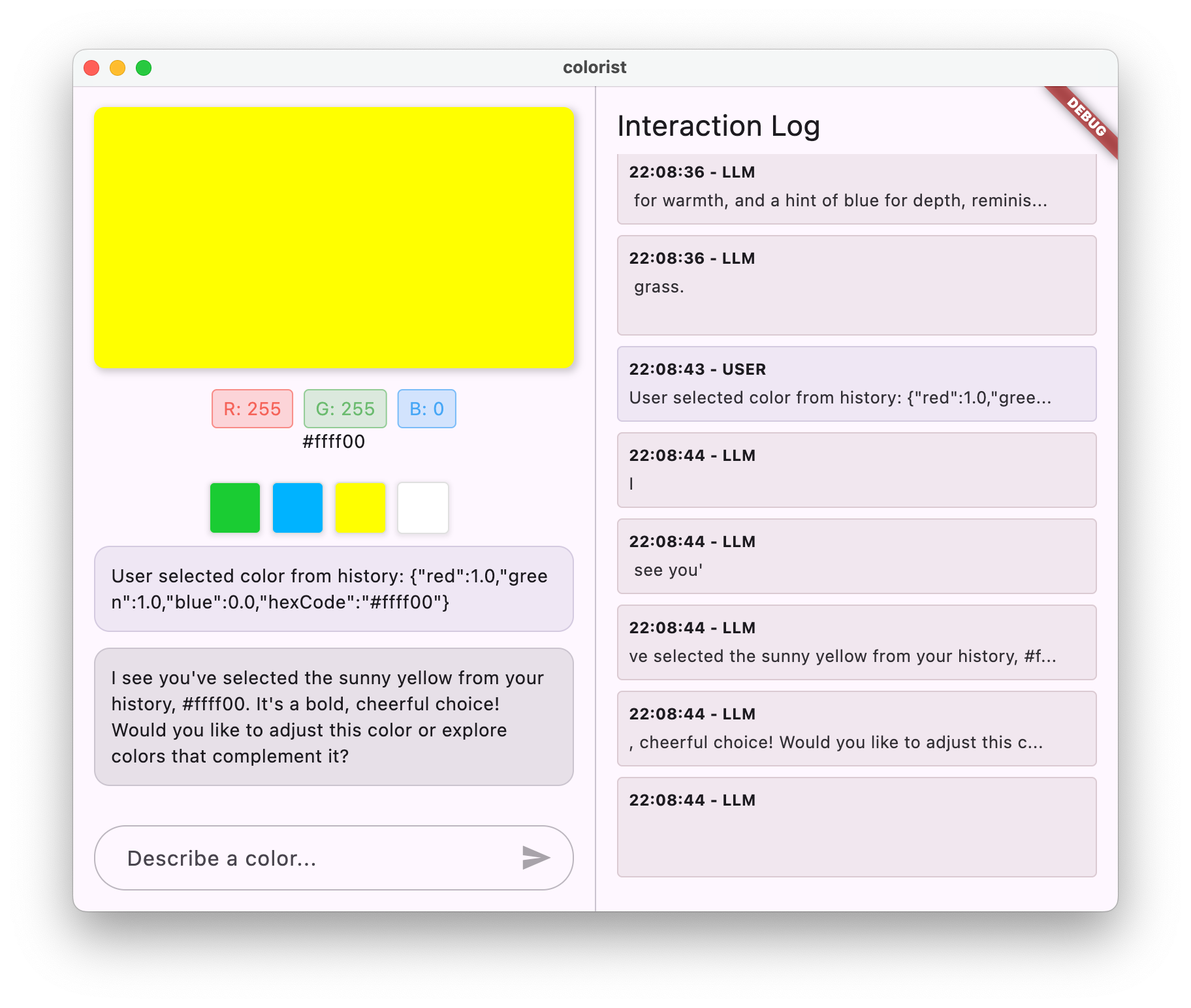 Captura de tela do app Colorist mostrando o LLM do Gemini respondendo a uma seleção do histórico de cores