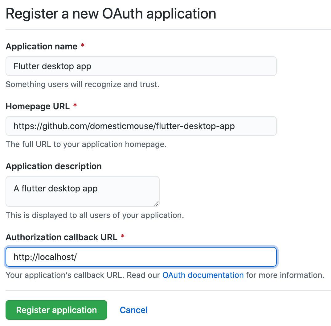 Registering a new OAuth application with GitHub