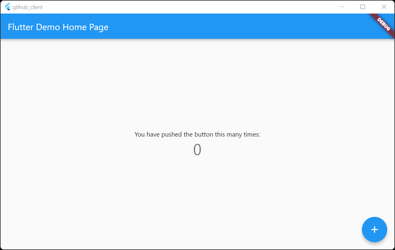 The initial template generated counter app running on Windows