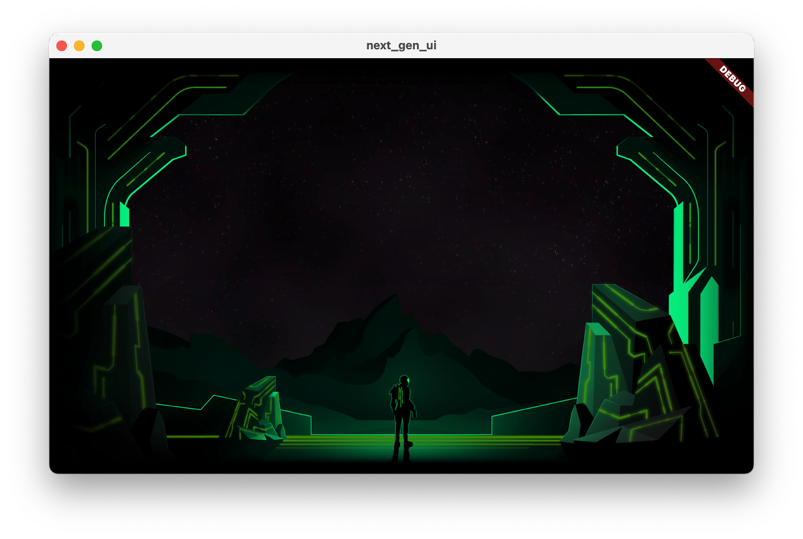 The codelab app running with the art assets, tinted green.