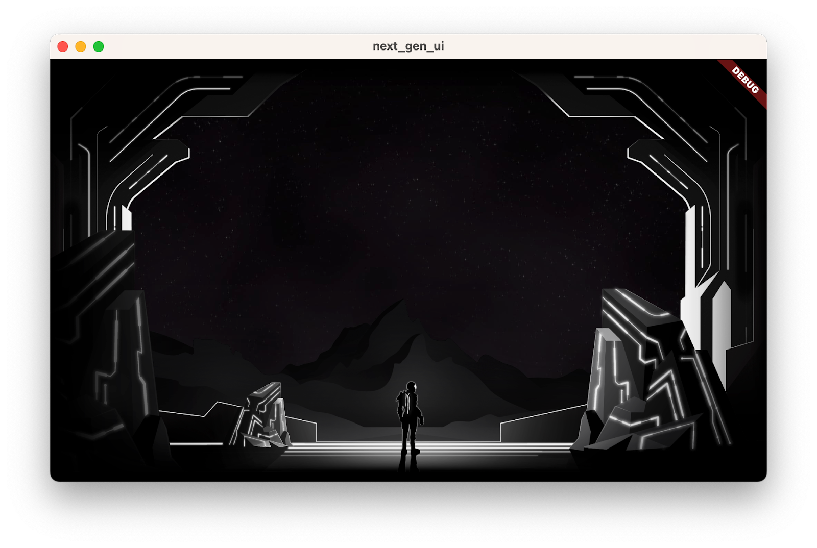 The codelab app running with just the background, midground and foreground art assets, displayed in monochrome