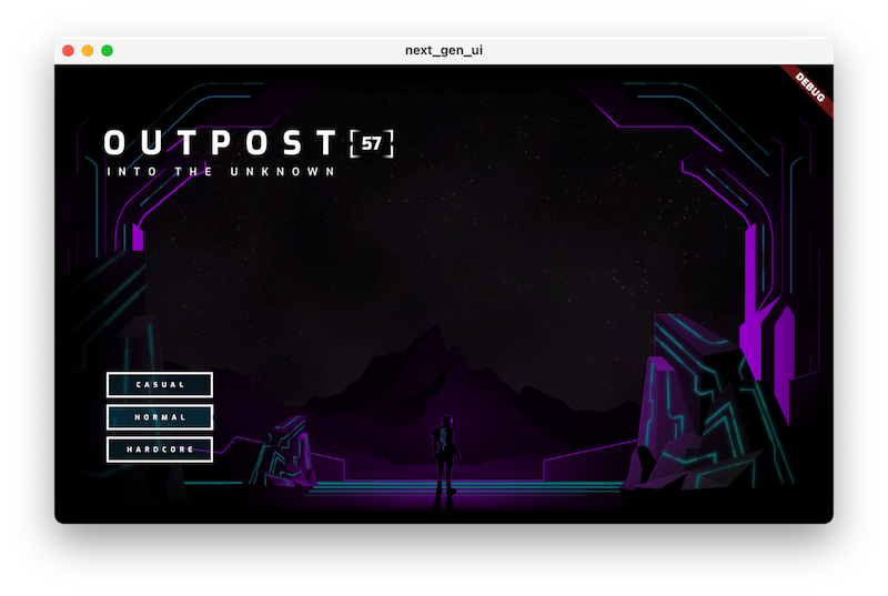 Normal zorluk seviyesi seçilmiş codelab uygulamasında, mor ve mavi renkli resim öğeleri gösteriliyor.