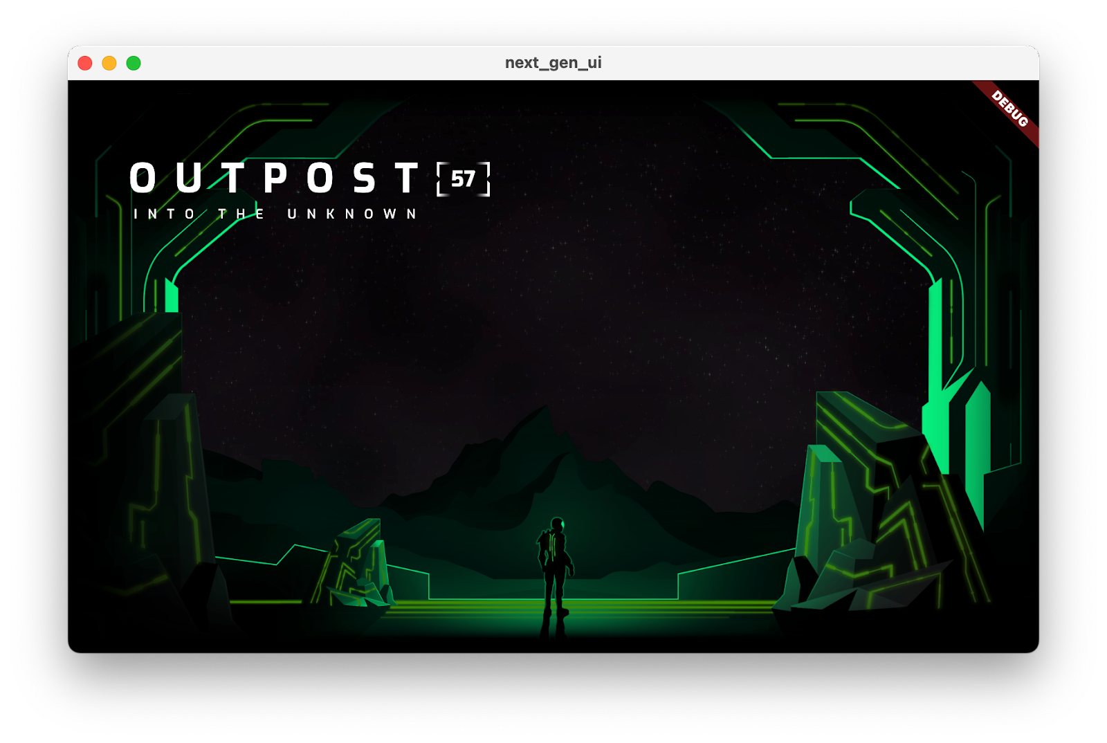 'Outpost [57] Into the unknown'이라고 표시된 제목과 함께 실행되는 Codelab 앱