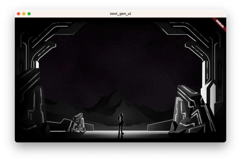 The codelab app running with just the background, midground and foreground art assets, displayed in monochrome.