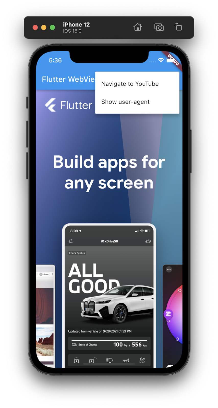 iPhone simulator running a Flutter app with an embedded webview showing the Flutter.dev homepage with a menu items showing the options to 'Navigate to YouTube' or 'Show user-agent'