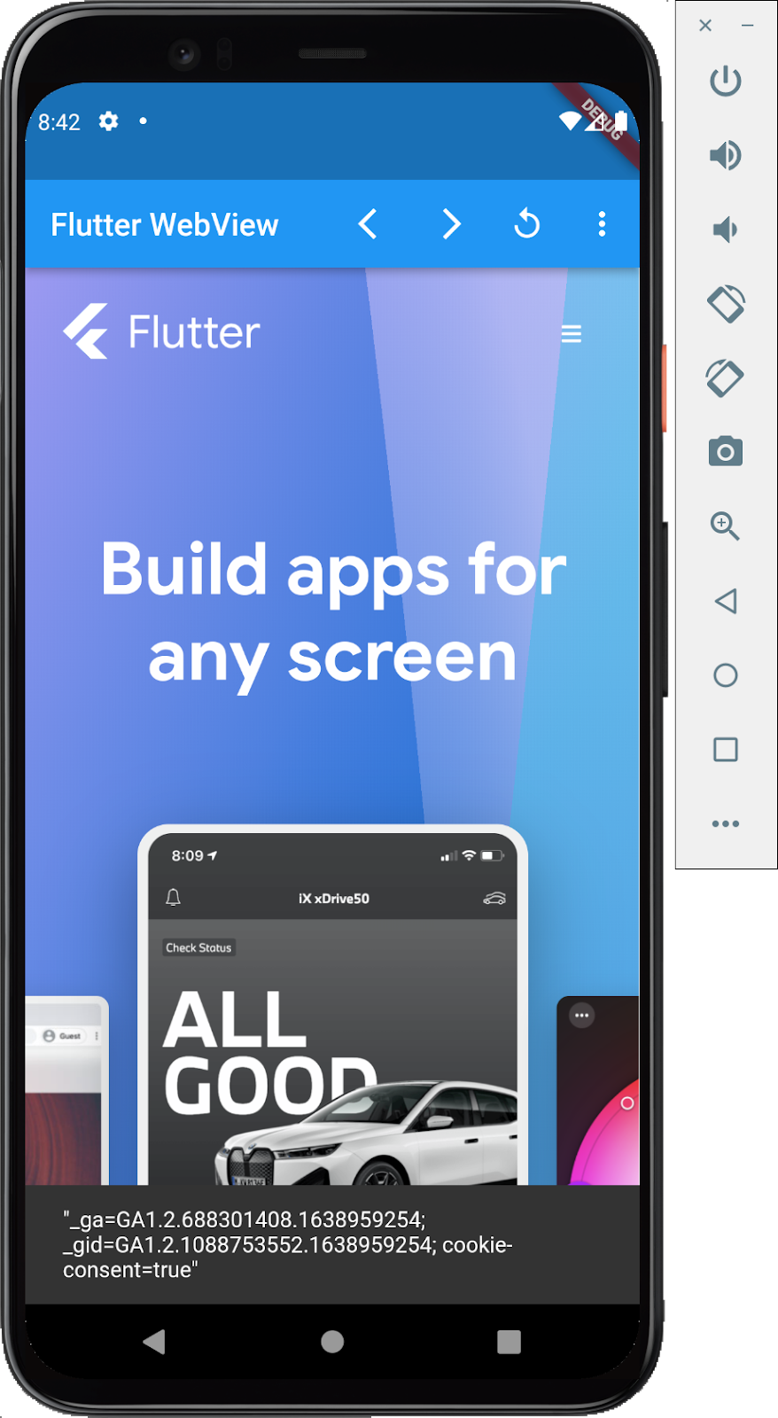 Emulator Androida z aplikacją Flutter z osadzonym widokiem internetowym, który wyświetla stronę główną Flutter.dev z wyskakującym okienkiem z informacją o plikach cookie ustawionych w przeglądarce
