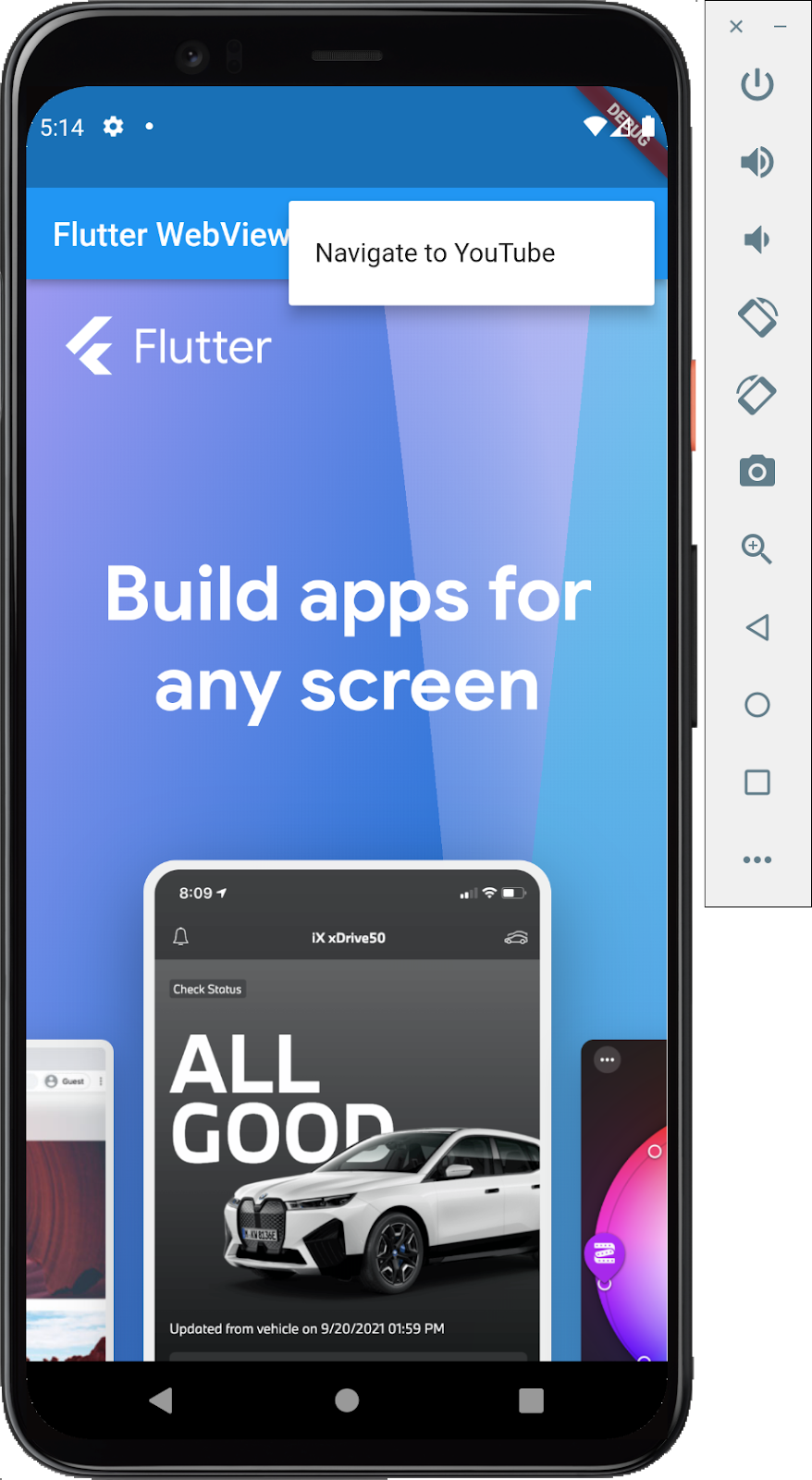 Android emulator running a Flutter app with an embedded webview showing the Flutter.dev homepage with a menu item showing the option to 'Navigate to YouTube'