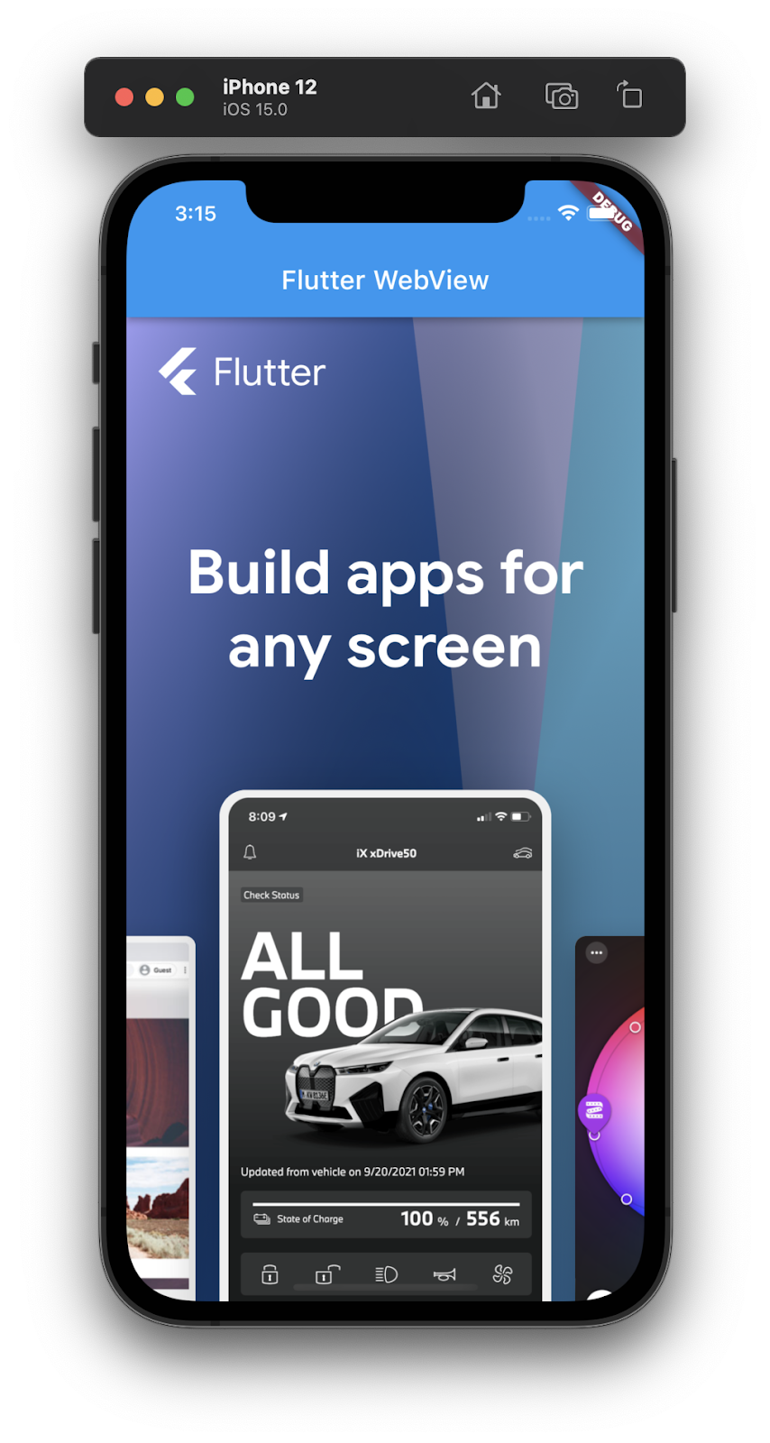iPhone simulator running a Flutter app with an embedded webview showing the Flutter.dev homepage