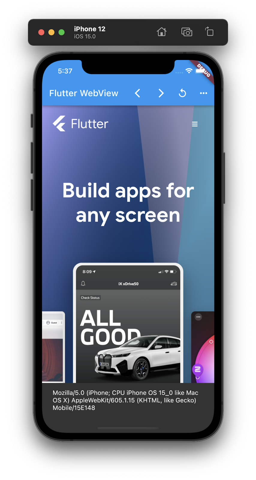 โปรแกรมจำลอง iPhone ที่เรียกใช้แอป Flutter ที่มี WebView แบบฝังซึ่งแสดงหน้าแรกของ Flutter.dev พร้อมป๊อปอัปข้อความแจ้งที่แสดงสตริง User-Agent