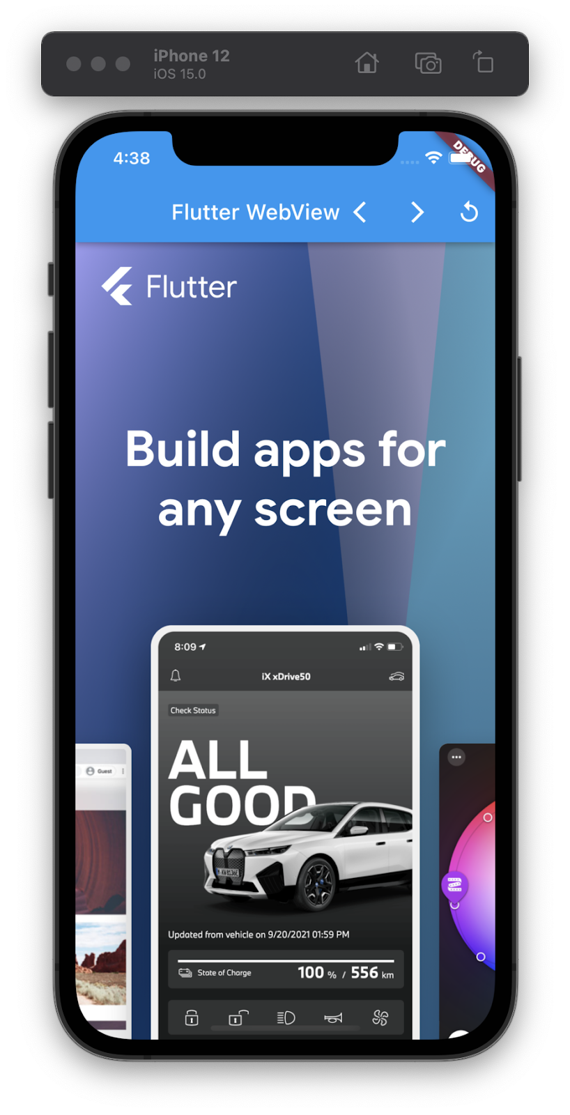iPhone simulator running a Flutter app with an embedded webview showing the Flutter.dev homepage with previous page, next page, and page reload controls