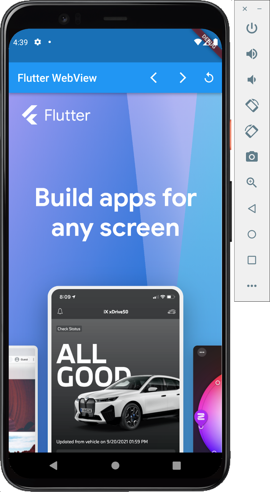 Emulator Androida z aplikacją Fluttera z osadzonym widokiem internetowym, na którym widać stronę główną Flutter.dev z elementami sterującymi poprzednią stroną, następną stroną i ponownym wczytaniem strony