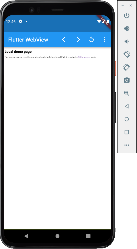 צילום מסך של אמולטור Android שמפעיל אפליקציית Flutter עם WebView מוטמע, שמציג דף עם התווית &#39;דף הדגמה מקומי&#39; שהכותרת שלו מופיעה בצבע שחור