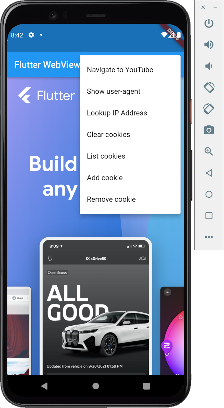 Android emulator running a Flutter app with an embedded webview showing the Flutter.dev homepage with a list of menu options covering navigating to YouTube, showing user agent, and interacting with the browser's cookie jar