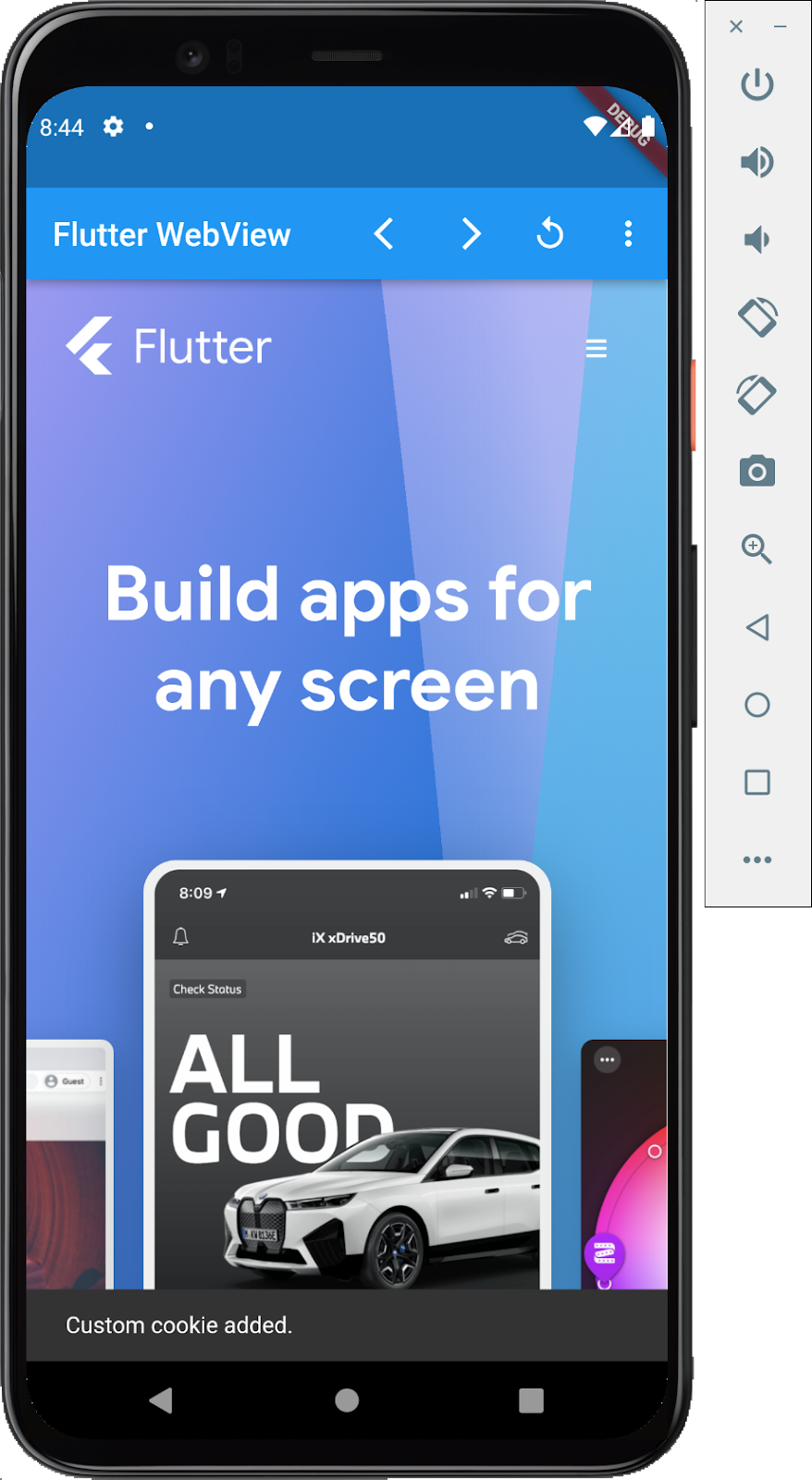Android emulator running a Flutter app with an embedded webview showing the Flutter.dev homepage with a toast dialog that reads 'Custom cookie added.'