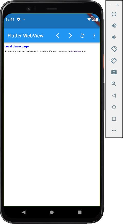 Android 模擬器執行 Flutter 應用程式的螢幕截圖，其中內嵌 WebView 顯示「Local demo page」的頁面標題以藍色顯示