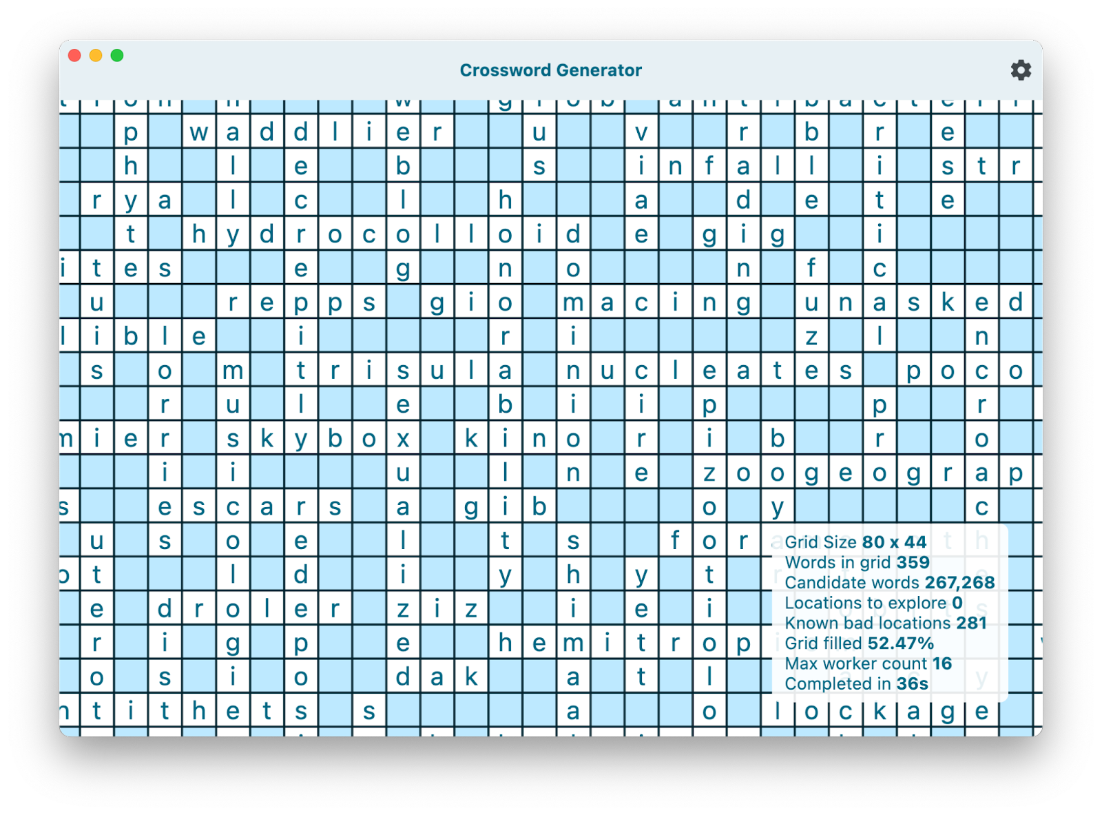 Fenêtre du générateur de mots croisés avec des mots et des statistiques