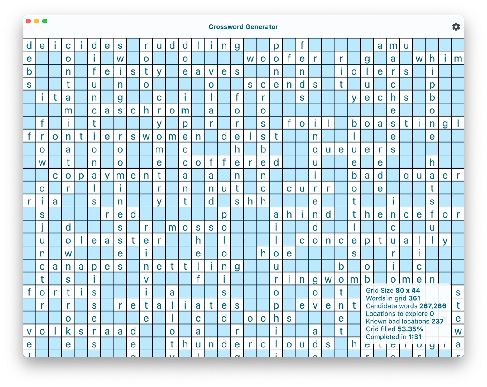 Crossword Generator app window, this time smaller, recognizable words, and a floating overlay in the bottom right corner with statistics about the current generation run