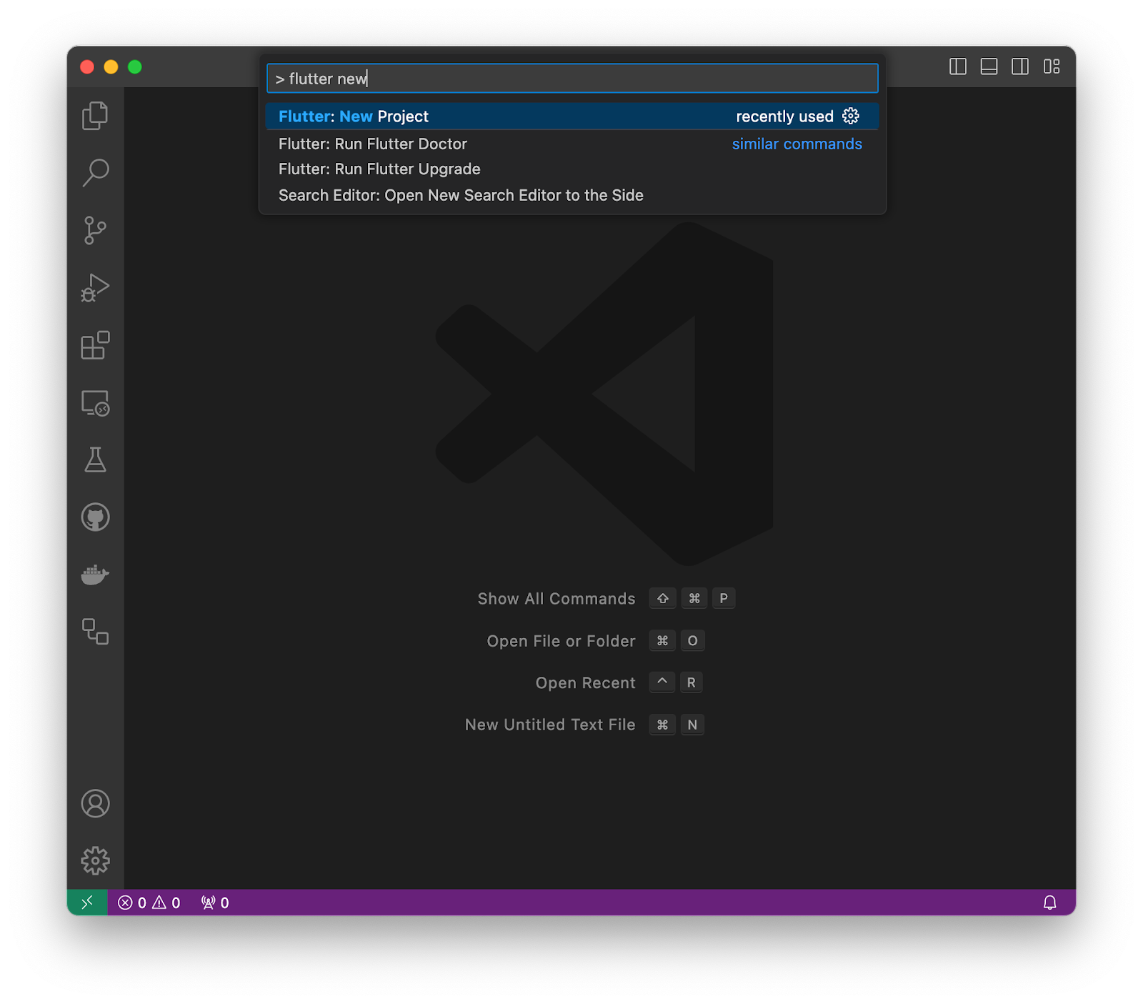 VS Code with Flutter: New Project showing in the open command palette.