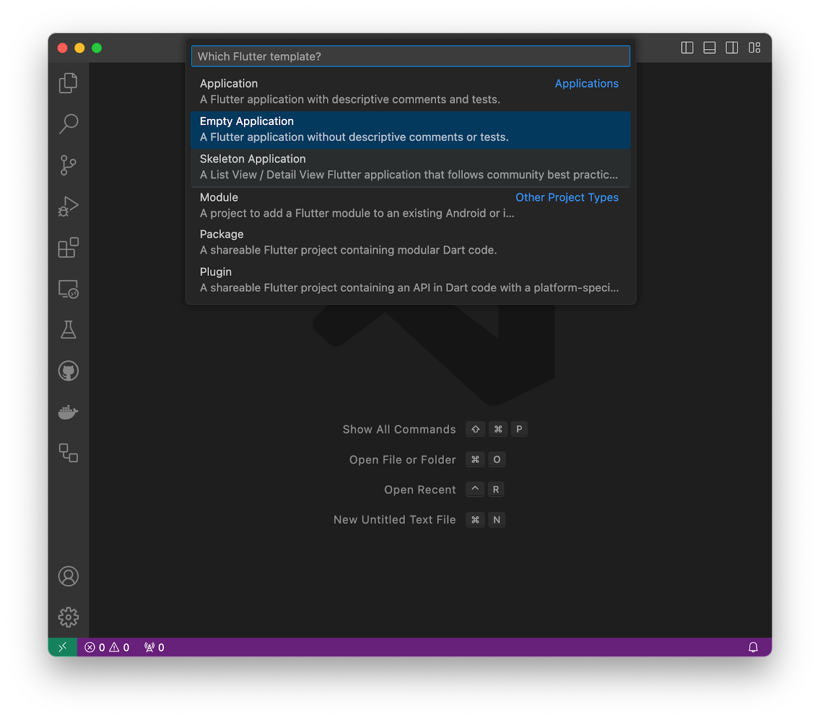 VS Code with Empty Application shown as selected as part of the new application flow