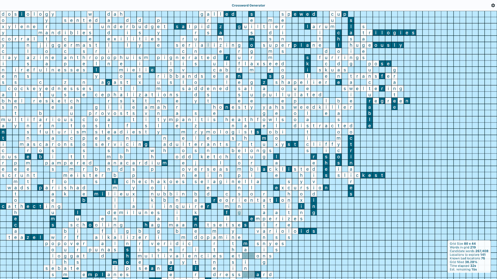 Gerador de palavras cruzadas que mostra a geração em meio ao fim. Algumas letras têm texto branco em fundo azul escuro, enquanto outras são texto azul em fundo branco.