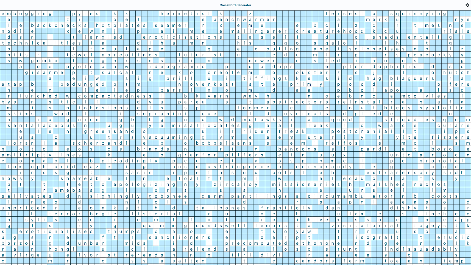 Generatore di cruciverba, con tante parole che si intersecano. Diminuito lo zoom, le parole sono troppo piccole per essere lette.