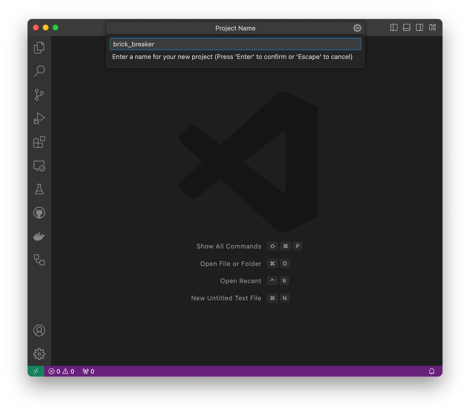 VS Code with generate_crossword shown as the name for the new project being created