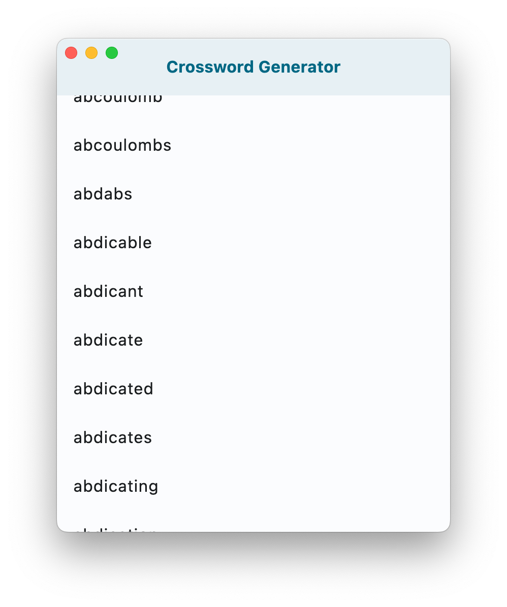 An app window with the title 'Crossword Generator' and a list of words