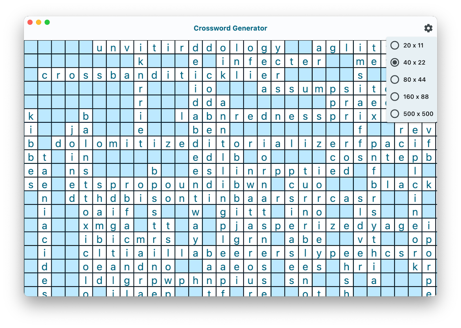 Ein App-Fenster mit dem Titel „Crossword Generator“ und einem Raster von Charakteren, die als sich überschneidende Wörter ohne Reim oder Grund angeordnet sind