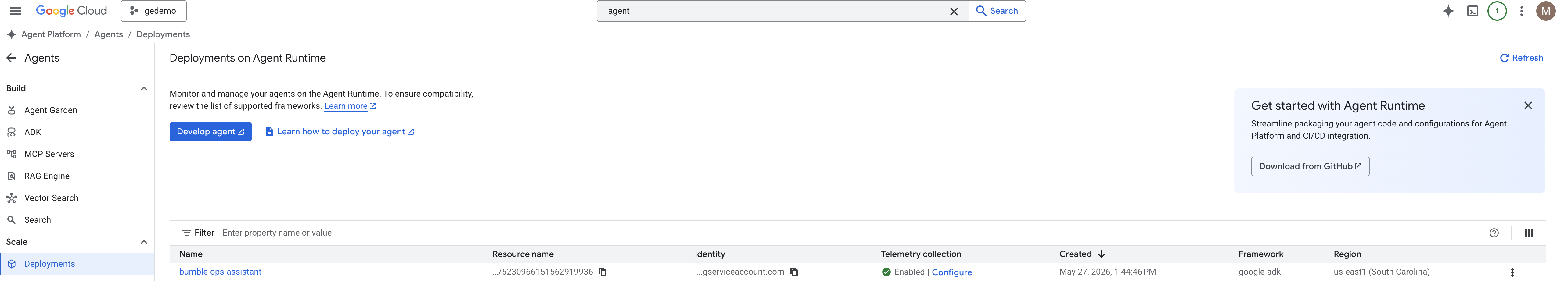 Deployments on Agent Runtime showing the deployed agent