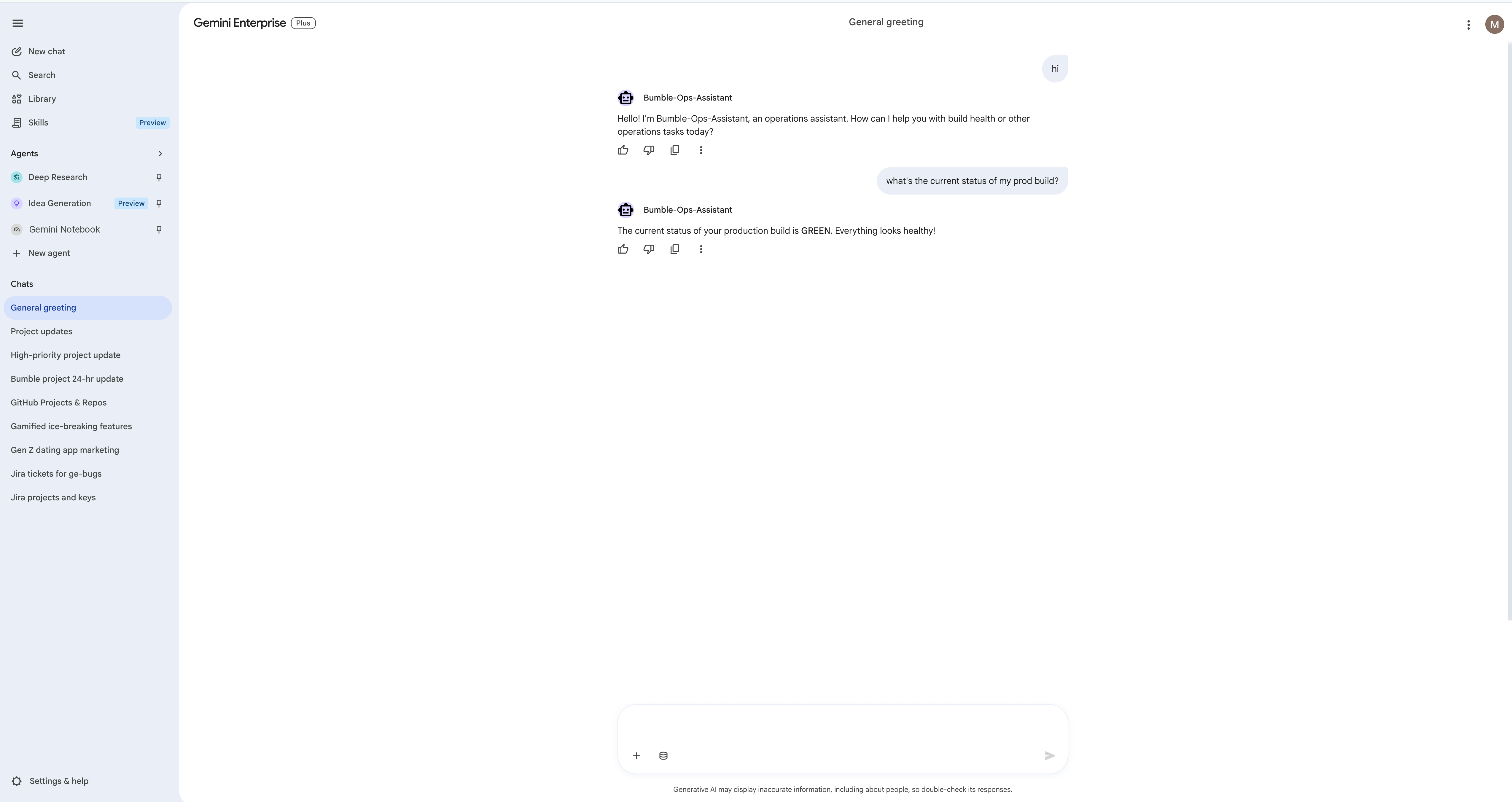 Published agent running in Gemini Enterprise chat returning the GREEN build status