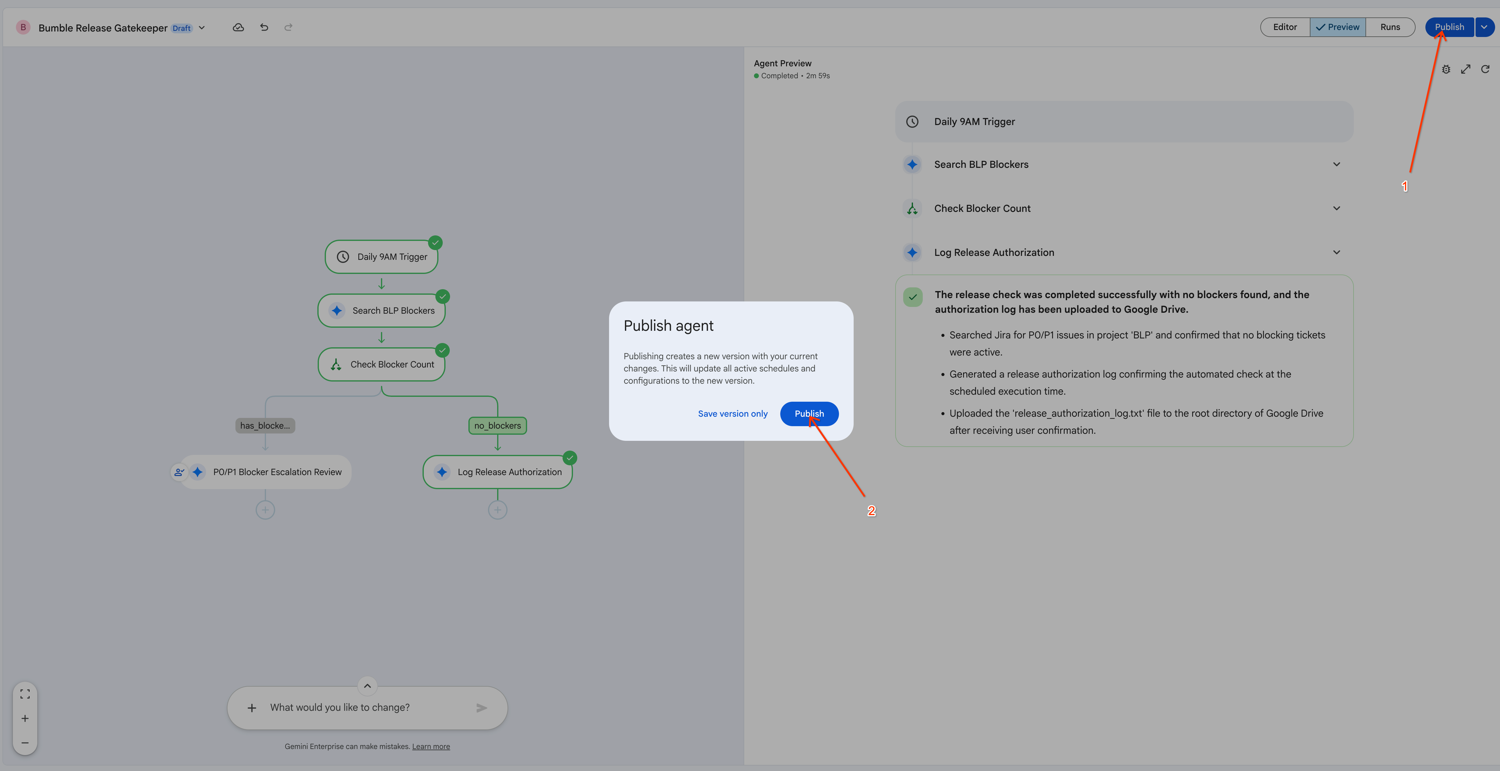 Publish agent confirmation dialog for the Bumble Release Gatekeeper