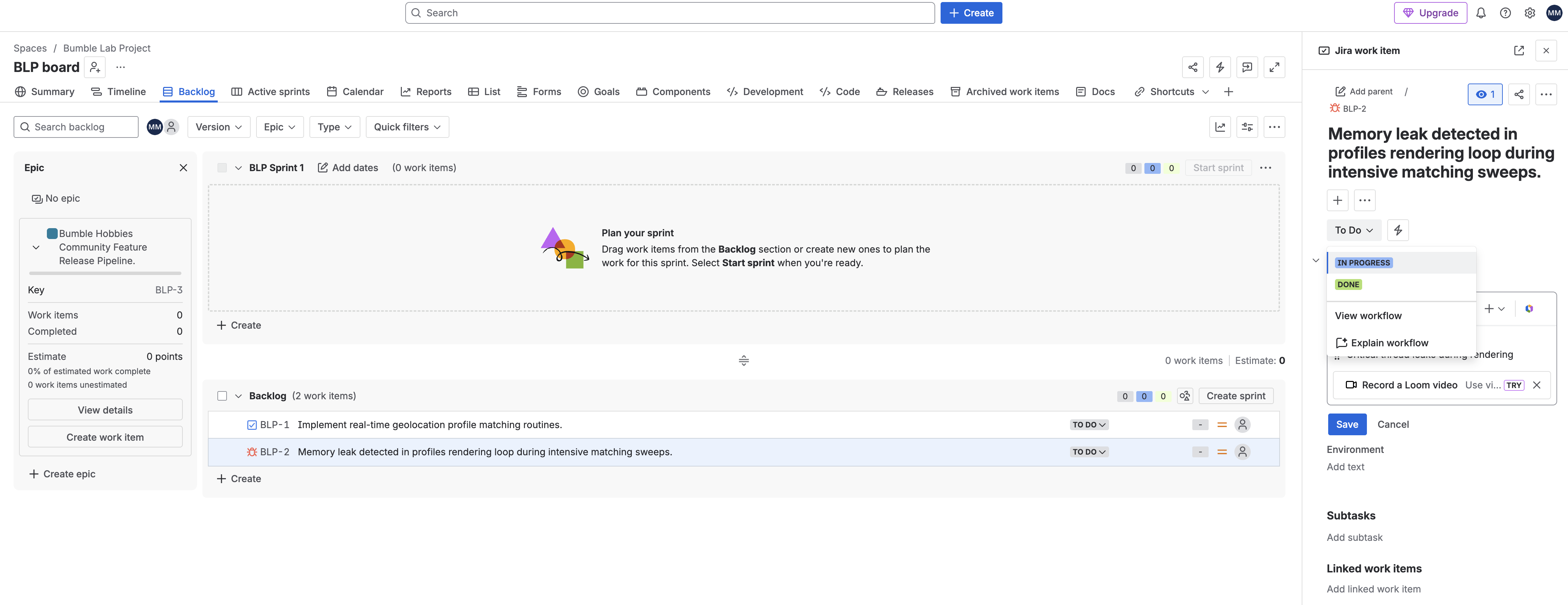 کنترل +Create در زیر پنل Backlog