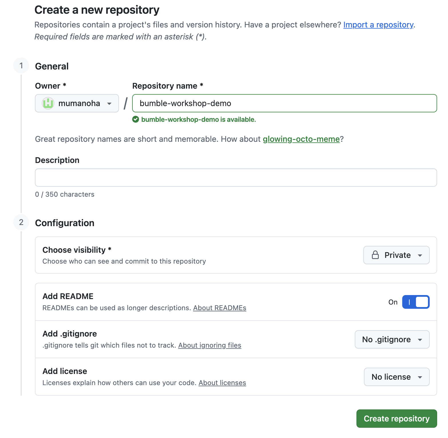 'Add a README file' চেক করা অবস্থায় GitHub রিপোজিটরি সেটিংস