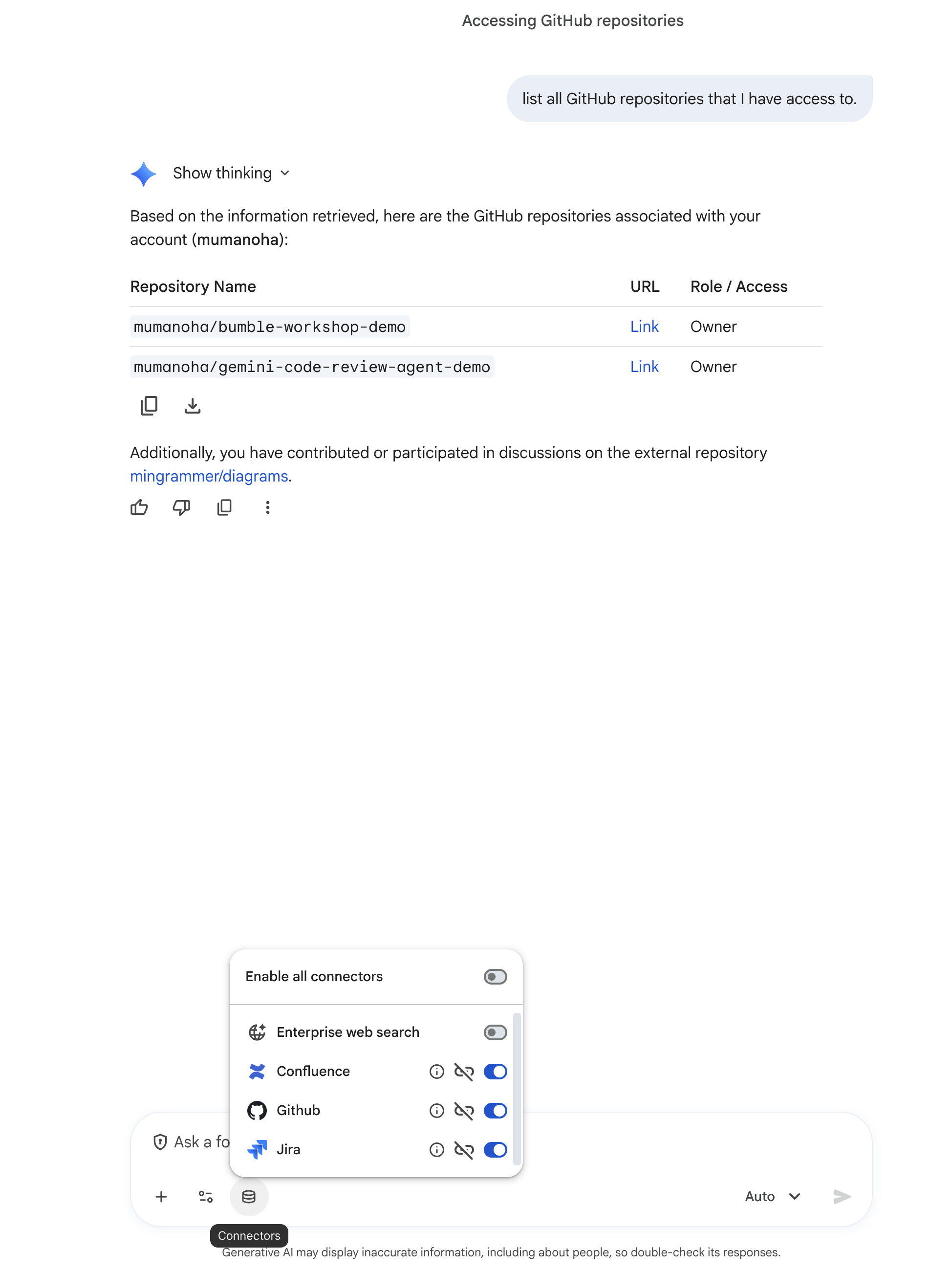 Gemini فهرست مخازن GitHub را که کاربر میتواند به آنها دسترسی داشته باشد، نشان میدهد.