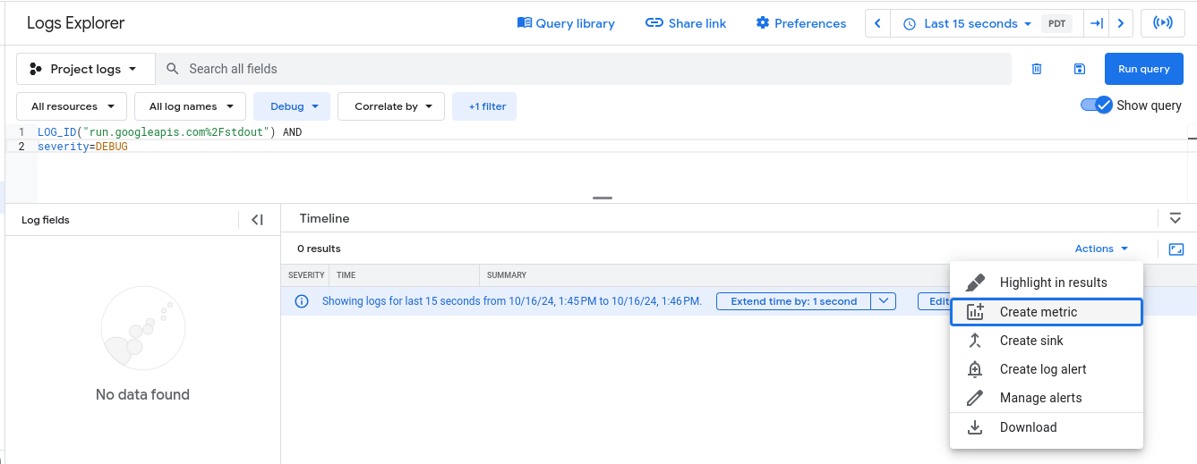 Barra de ferramentas dos resultados da consulta com o menu suspenso "Ações"