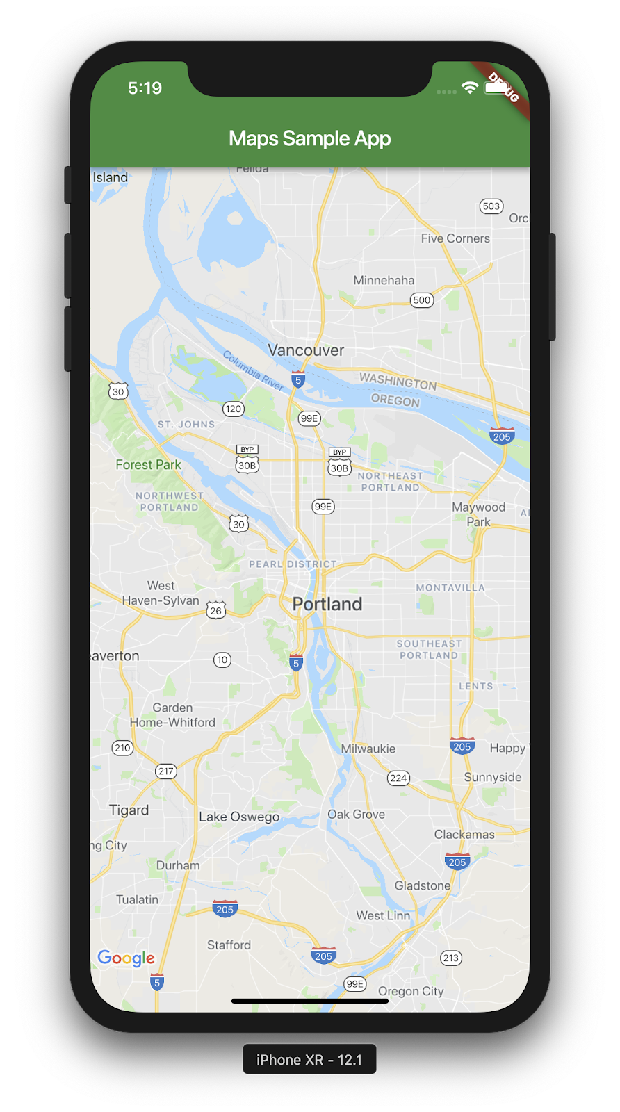 Uno screenshot di un'app Flutter con una mappa di Google in esecuzione in un simulatore per iPhone