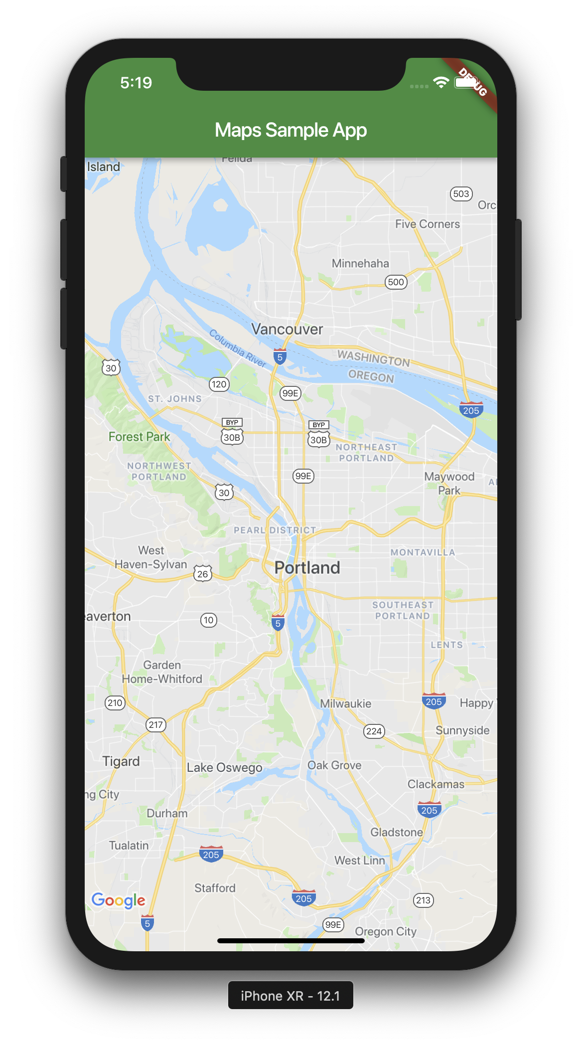 A screen shot of a Flutter app with a Google Map running in an iPhone simulator