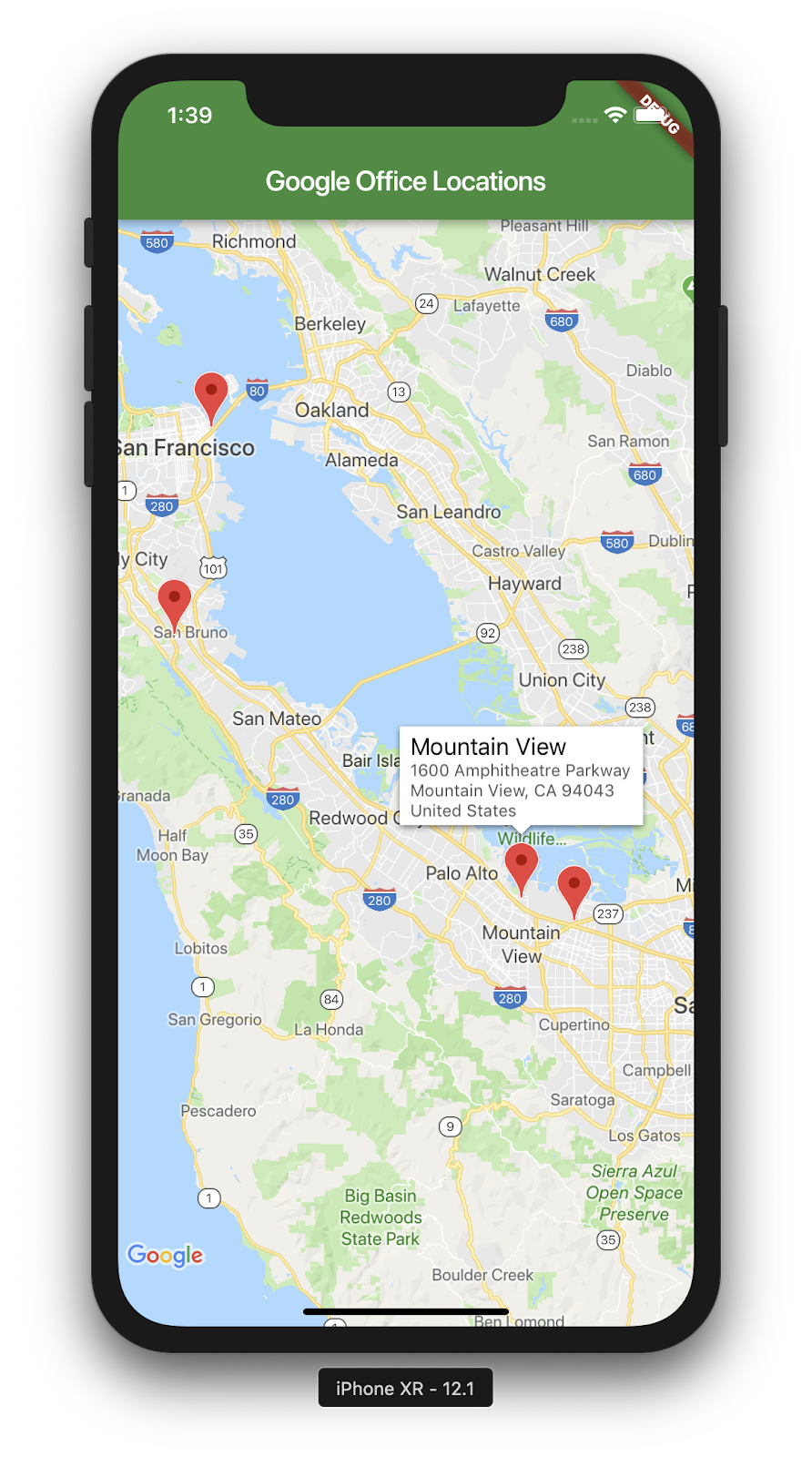 ภาพหน้าจอของแอป Flutter ซึ่งแสดง Google Maps ทํางานอยู่ในโปรแกรมจำลอง iPhone ที่ไฮไลต์ Mountain View