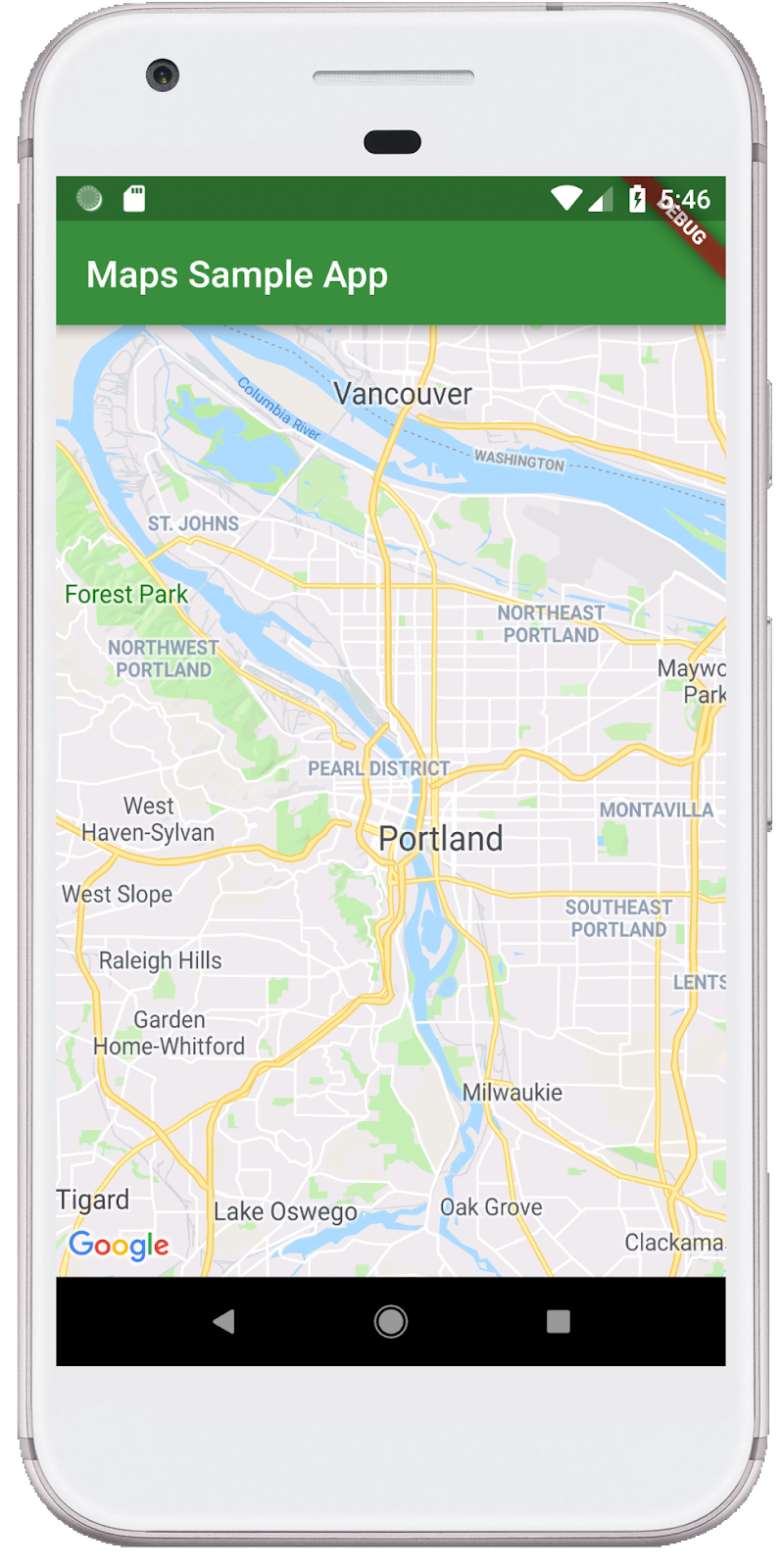 Uno screenshot di un&#39;app Flutter con una mappa Google in esecuzione in un emulatore Android