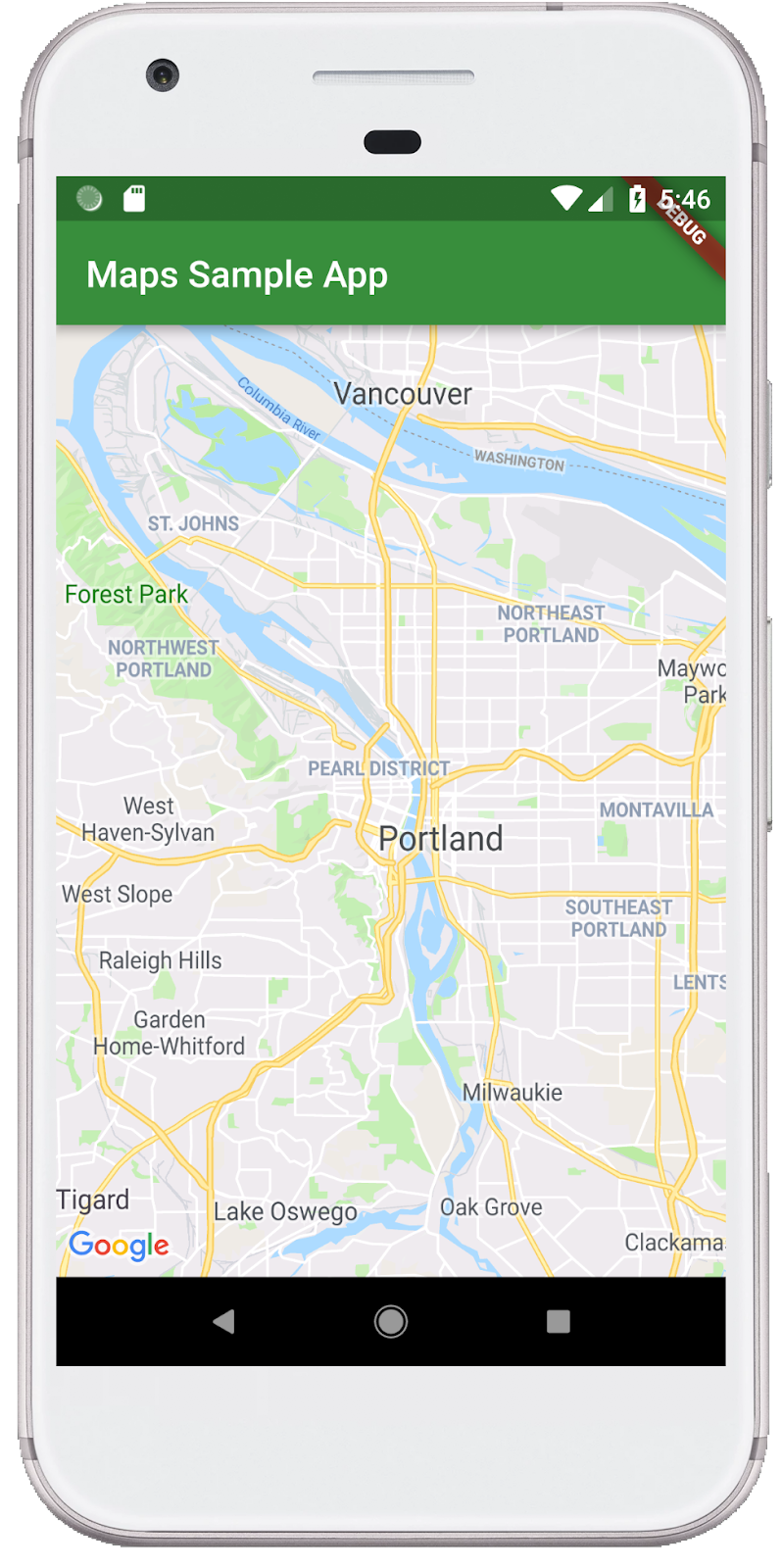 A screen shot of a Flutter app with a Google Map running in an Android emulator