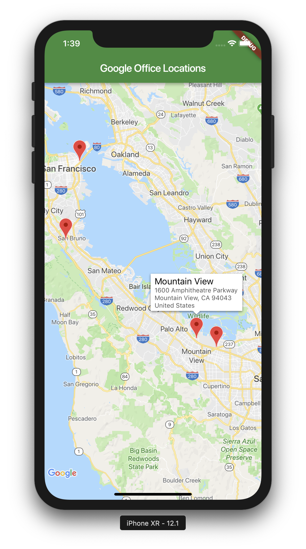 A screen shot of a Flutter app with a Google Map running in an iPhone simulator with Mountain View highlighted