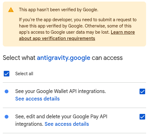 Google Pay API 통합에 Antigravity 액세스 권한 부여