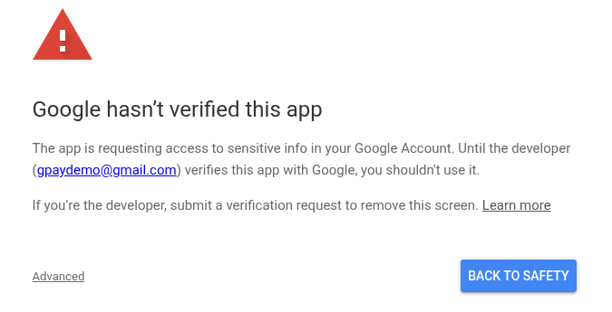 Google OAuth-Warnung: Klicken Sie auf „Erweitert“, um fortzufahren.