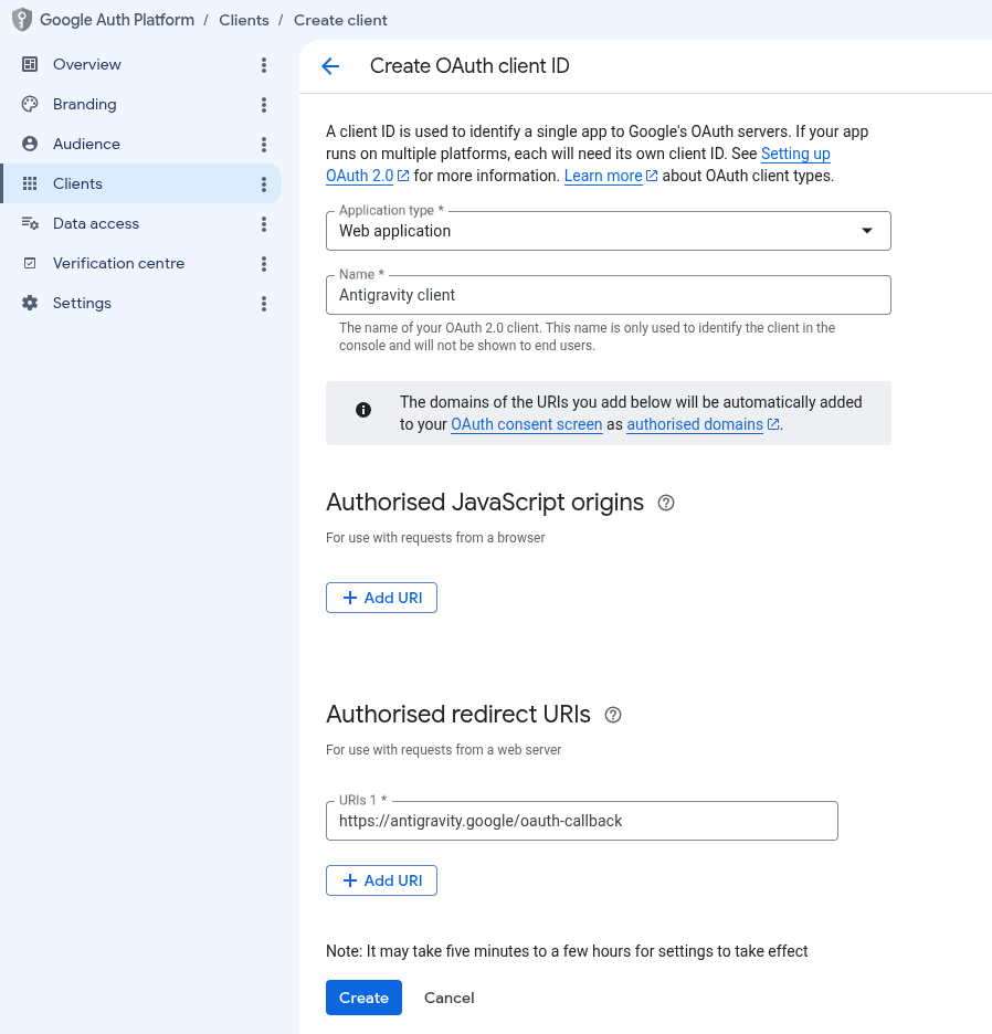 Создание идентификатора клиента OAuth в веб-приложении Antigravity